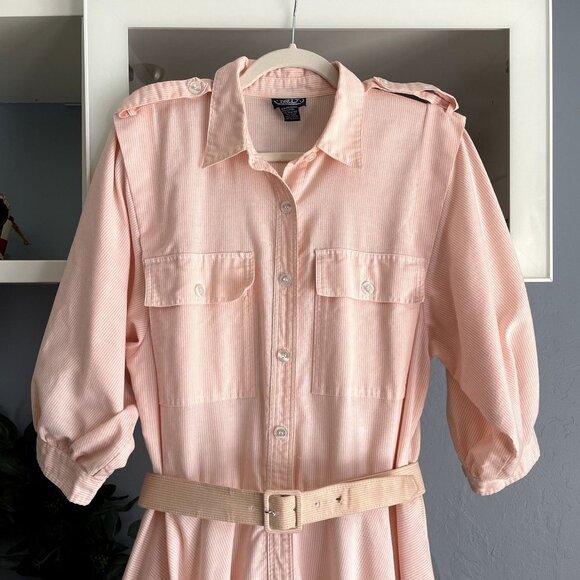 Vtg 80’s Jennifer Moore Pink Striped Button Front Shirtdress Midi Full Skirt Sun - Picture 6 of 7